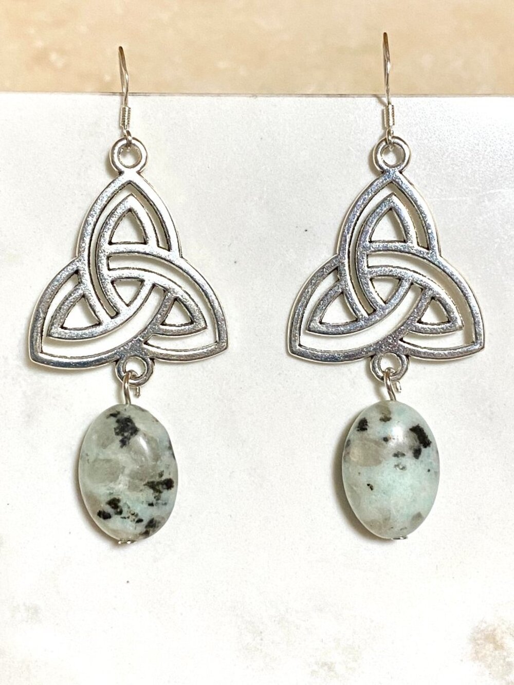 2/$20, Light Teal Kiwi Jasper Triqueta Earrings, Gemstone & Sterling Silver Hook